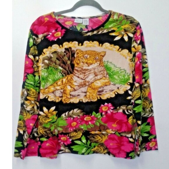 TIGER print Top pullover stretch embellished Colorful Haband VTG long sleeve - Picture 10 of 10